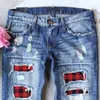 Women's Buffalo Plaid Print Ripped Patchworks Regular Fit Long Casual Denim Jeans with Holes