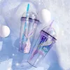 Mugs Water Bottle Creative Bilayer Straw Cup Love Flower Plastics Coffee Layer Outdoor Portable Light Luxury Gift 231216