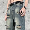 Męskie dżinsy amerykańskie dziura retro drape dżinsowe spodnie Trendy żebrak osobowość High Street Plus Size