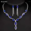 Blijery Silver Plated Royal Blue Crystal Wedding Jewelry Set för Women Leaf Tassel Long Necklace Earrings Bridal smyckesuppsättningar1257q