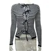 Women's Knits Fantoye Sexy Hollow Out Striped Cardigan Women T-shirts Long Sleeve Lace Up Female Summer Skinny Spicy Girl Streetwear