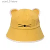 Wide Brim Hats Bucket Hats Korean Cartoon Cat Ears Women Girls Bucket Hat Spring Summer Kaii Beach Tour Sun Visor Hats Wide Brim Solid Cotton Panama CL231216