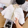 Jackets Arrival Autumn Baby Girls Fur Coats White Flower Shaped Button Toddler Cardigans with Pockets Long Sleeves Warm Kids Outwear 231215