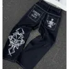 Haruku hip hop vintage crânio bordado gráfico rasgado baggy jeans masculino feminino novo gótico pés largos calças streetwear