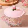 Soppa lagerkrukor salladskål täckt med en stor kapacitet kreativ rosa blommor omedelbar nudlar glas kruka kan värmas med dubbla öron y231215