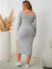Plus Size Dresses Autumn Style Off-the-shoulder Female Bodycon Midi Dress Long Sleeves Split Left Solid Grey Sexy Elastic Warm
