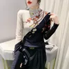 Women's T Shirts Spring Autumn 2024 Positioning Color Block Printed Tops High Collar Long Sleeve Mesh Shirt Fashion Women