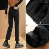 Pantalon femme kaki jambe droite jean pour femme en automne et hiver peluche taille haute coupe polyvalente avec étroite