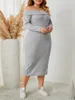 Robes de grande taille automne Style épaules dénudées femme moulante robe Midi manches longues fendue gauche solide gris Sexy élastique chaud