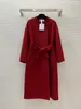 2023 Winter Retro Red Solid Color 100% Wool Outwear Coat Long Sleeve Round Neck Double Pockets Midi Long Outwear Coats B3D141722