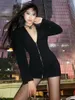 Casual Dresses Elegant Woman Long Sleeve Zip-up Deep V-ringen svart kort klänning nattklubb streetwear sexig bodycon paket höft mini party