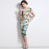 Casual Dresses Bodycon Feminino Kne Längd Chineses Cheongsam Fresh Green Color Red Flower Mönster Square Collar Young Lady Vestidos