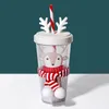 Tumblers Plastic STRAW CUP MED COVER Dubbelskikt Bubble Tea vattenflaska Återanvändbar hemmakontor Älg Rabbit Drinkware Söta julklappar 231216