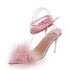Sandaler 2023 Fashion Glitter Heels Summer Shoes Women Stiletto Pumpar Party Open Toe Fluff Strappy Thin High Pur Pink