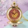 Pocket Watches Luxury Yellow Gold Watch Red Heart Mönster Tröja Halsband Kedjekedjan Analog klocka för Girl Women Timepiece Gifts