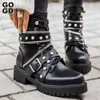 Stövlar Gogd Fashion Women S fotled est 2023 Plattform Buckle Strap Nitets Pearl Thick Sole Shoes Motorcykel Punk Style 231216