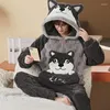 Mäns Sleepwear Cartoon Fleece Sleope Men Winter Long 5xlr Pyjamas Flanell Plush Set Suit Nightwea Warmthated Coral Home Hooded