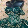 Sparkly Princess Green Off Shoulder Quinceanera Dresses Sweetheart Gold Lace Applique Sweet 16 Ball Gown Vestidos De 15 Anos