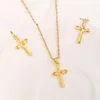 24 k Gelb Feingold GF Kleine Mini Steuerstempel Kreuz Anhänger Kette Ohrringe Set Christliche Schmucksets Frauen Mädchen Jesus Geschenk290l