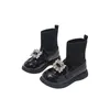 Botas Niñas Tobillo Princesa Zapatos Niños Moda Rhinestone Calcetín Cuero Estudiante Bebé Suela Suave Niños Pequeños Negro 5A