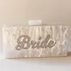 Borse da sera perla bianca con glitter in argento nome sposa briciole acriliche frizioni da donna borse da donna con clap fatte fatte a mano spiaggia clutchev293l