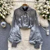 Женские блузки Camisas De Mujer Bling с пышными рукавами и отложным воротником Дизайнерская блузка с пуговицами Осенняя женская блузка в корейском стиле