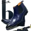 Botas de marca de luxo botas de tornozelo masculino deslizamento em chelsea botas casuais homens vestido sapatos azul preto casamento escritório botas de couro masculino 231216