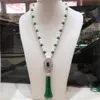 Hand knotted new natural 9-10mm white freshwater pearl inlaid green stone long tassel necklace sweater chain fashion jewelry