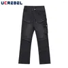 Jeans pour hommes Streetwear Hip Hop Pantalon en denim épissé Hommes Automne Lavé Noir Multi-poches Hommes à jambe droite