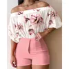 Fatos femininos moda floral impressão plissado fora do ombro topos e shorts 2 peça conjunto sexy uma linha pescoço manga bolha mulheres