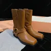 Winter Women knight Boots Designer Calfskin Pleated Real Leather Shoes Biker-style Boots Luxury Shoes Leathe Buckle Boots Square Head Boots Half Boots