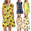 Lässige Kleider für Damen, Sommer, kurzärmelig, Sonnenblumen-bedruckte Taschen, Sommerkleid, Swing-Kleid