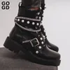 Bottes GOGD Mode Femmes Cheville Est 2023 Plate-forme Boucle Sangle Rivets Perle Semelle Épaisse Chaussures Moto Style Punk 231216