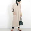 Sıradan Elbiseler 2023 Moda Japon Sonbahar/Kış Gömlek Alt Elbise Kadınların Gevşek Rahat V-Neck Uzun Koyu Olabilir