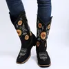 Boot Flower Embroidery Shoes Slip on Riding Lady Square Heel Mid Calf Boot Female Winter Thin Plush Shoe Zapatos De Mujer 231216