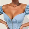 Kadın Tişörtleri Fufucaillm Kadınlar Ağır Kısa Puflu Kol Üst Seksi V yaka Pürüzsüz Fermuarı Sıska Fit Yaz Giyim Düşük Kesme Croset