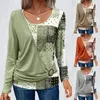 Kvinnors T -skjortor Solid Color Patchwork Retro Printed Round Neck Long Sleeve Top