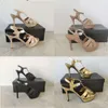 Saltos sapatos mulher designer sandálias de couro plataforma de tributo sapatos de festa de salto alto 8cm 10cm 14 cm com caixa 23