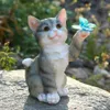 Decorative Objects Figurines Cute Cat Garden Statue with Solar Lights Kitten Butterfly Resin Figurine Ornament Outdoor Home Decorations Gifts 231216