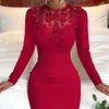 Casual Dresses Lace Patch Bodycon Dress Women Red Autumn High Waist Round Neck Slim Fit A Line Elegant Winter Party Evening Vestidos