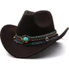 Chapeaux à large bord Seau Laine Femmes Hommes Western Cowboy Chapeau pour Gentleman Lady Jazz Cowgirl avec cuir Cloche Church Sombrero Caps 231216