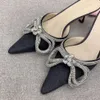 M Queels 6cm Designer Slides Rhinestone Bow Dress Shoes Flat Flace Sandals Elegant Women Sexy Heels Classic Party Wedder Pearly Dark Gray Size 35-39