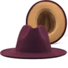 Szerokie grzbietowe czapki upuszczenie wełna zewnętrzna czerwono wewnętrzna wełna Fell Fedora z cienką klamrą na pasek kobiety Panama Trilby Cap 56-60CM198O