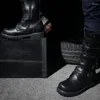 Stiefel Herren Motorrad Gürtelschnalle Plus Größe High Top Schuhe Schnürung Seitlicher Reißverschluss Runder Kopf Leder Botines De Hombres