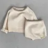 Conjuntos de roupas 3536C Conjunto de roupas de bebê de malha suéter terno outono cor sólida bebê menino duas peças terno suéter curto menino terno 231215