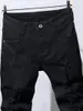 Herenjeans Heren Slanke Biker Gescheurde Lange Denim Broek Magere Zak Jonge Man Joggingbroek Vernietigd Stretchy Zwart