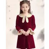 Little Girl Red Dress Autumn and Winter New Long Sleeve Color Contrast Doll Collar Children's Skirt New Year Clothes for The New Year Ceremony