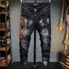 Pantalon en Denim Slim pour hommes, Style européen, plein, marque, noir, droit, crâne, trou de motard, noir, X220214, 2023