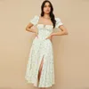 2023 French Simple European and American Sexy Women Square Collar Bubble Sleeves Y2K Small Fresh Floral Dress Fishbone Big Skirt