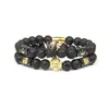 New Classic Lion Beaded Bracelets Bangle Whole Gold Stainless Steel Tube With 8mm Natural Lave Stone Beads Men CZ Crown Bracel251s
